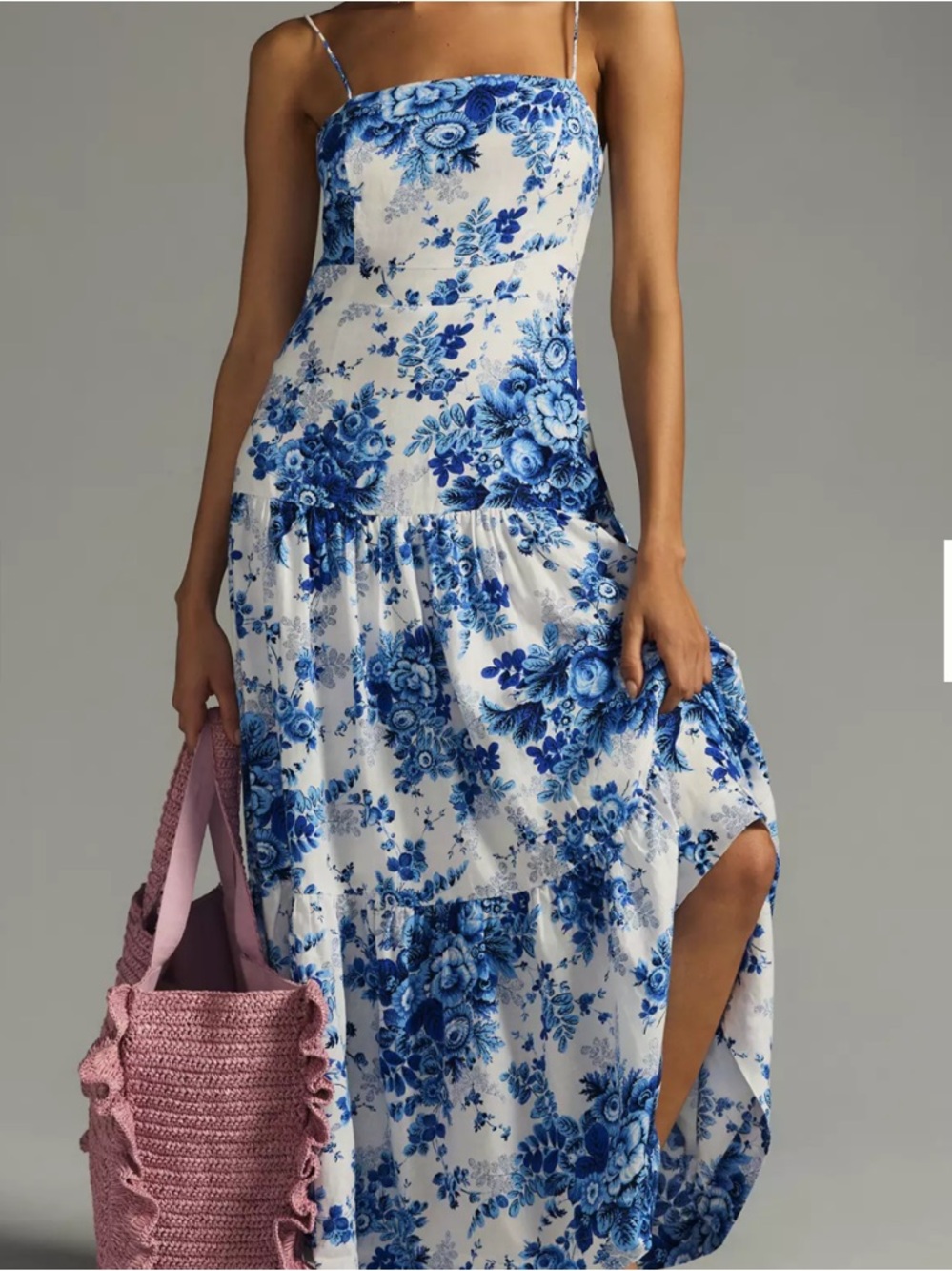 Maeve Drop-Waist Dress Floral Print Linen Blend Blue and White Maxi Dress Sz XS